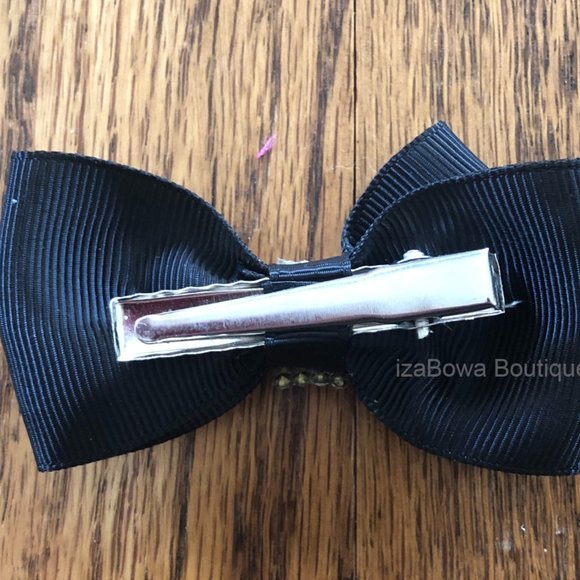 Black 3" Double Bow tie Bow with Rhinestone Center  HANDCRAFTED - Picture 2 of 3